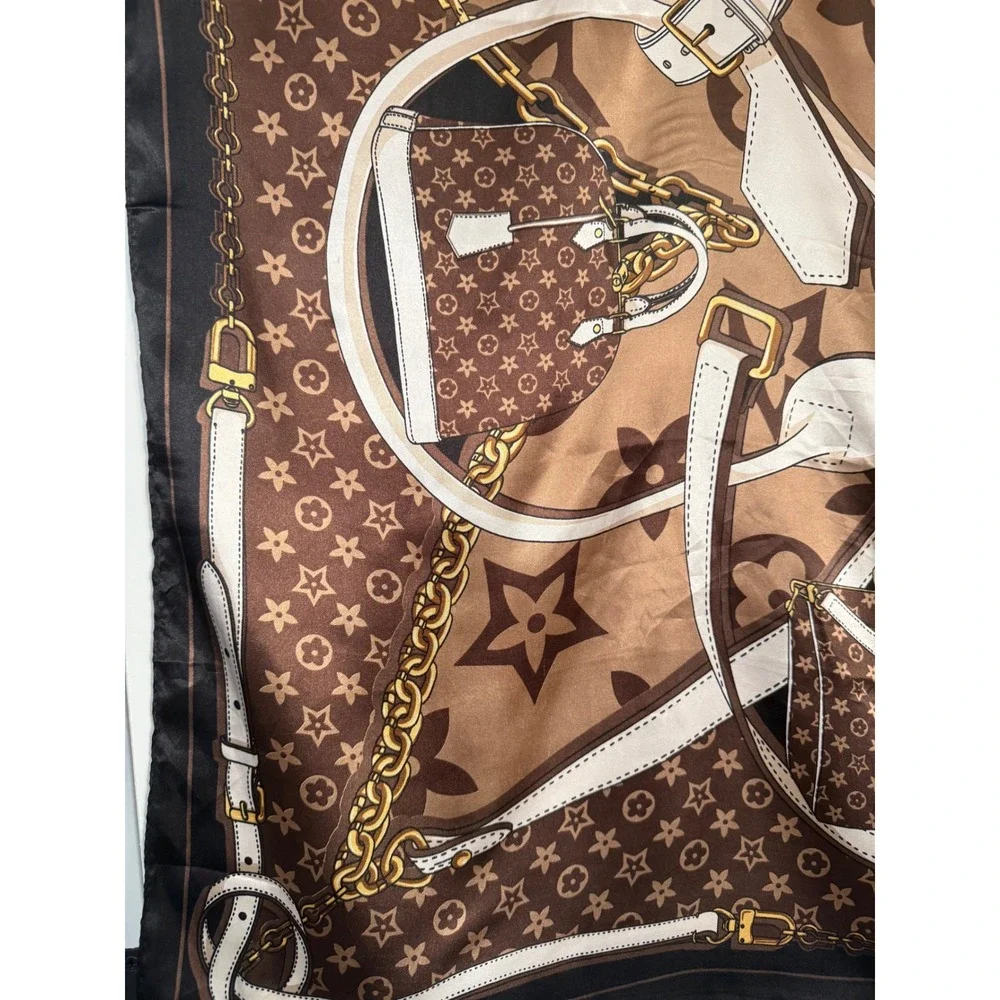 Designer Inspired Monogram Handbag Print Square Scarf Brown Tan Gold Chain